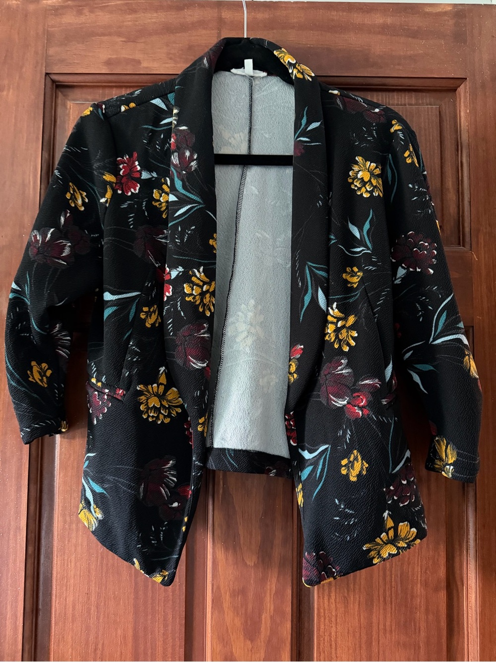 Maurices Black Floral Open-Front Blazer with Yellow & Teal Accents